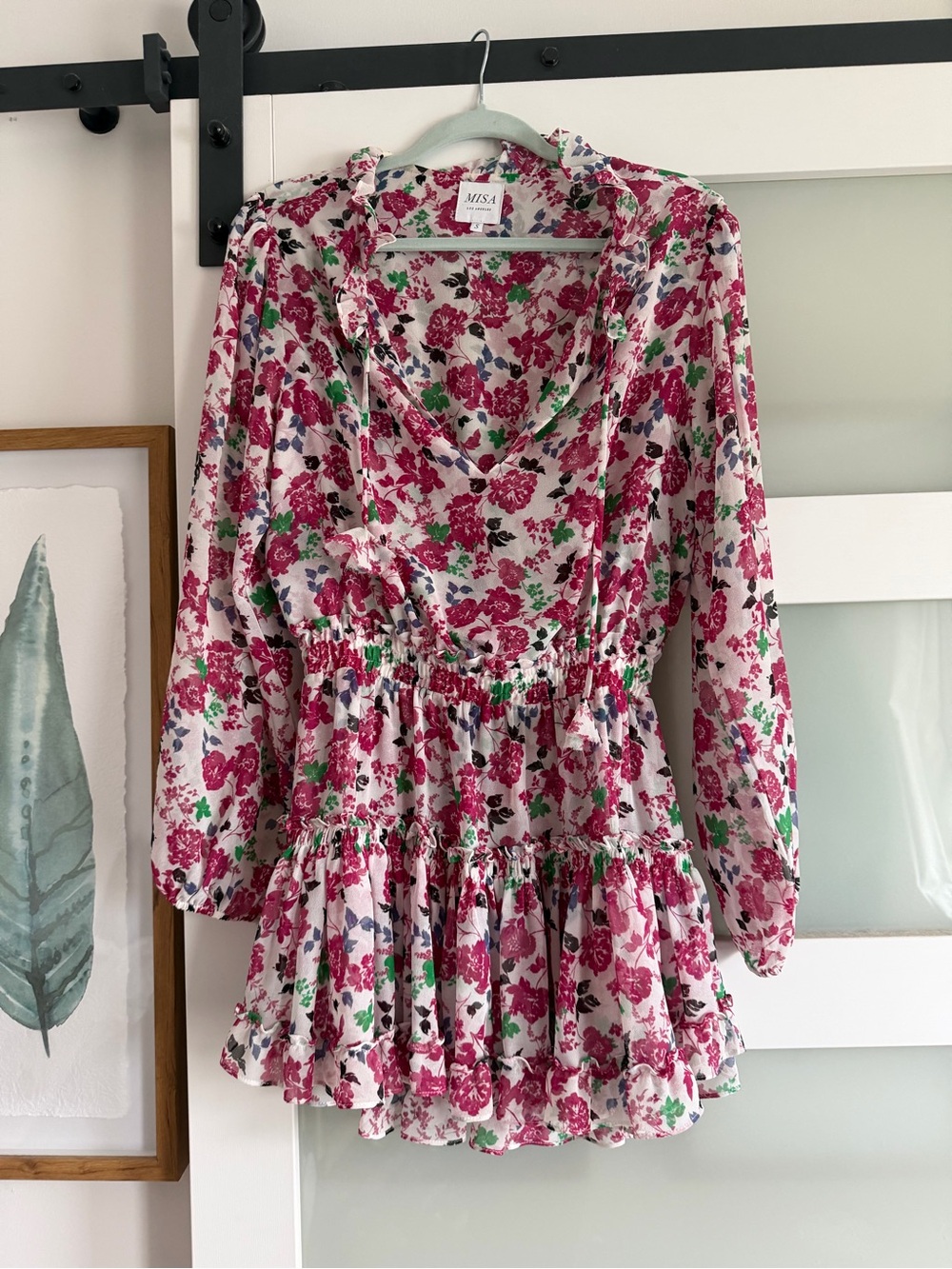 Misa Los angeles Pink Floral Ruffle V-Neck Tunic